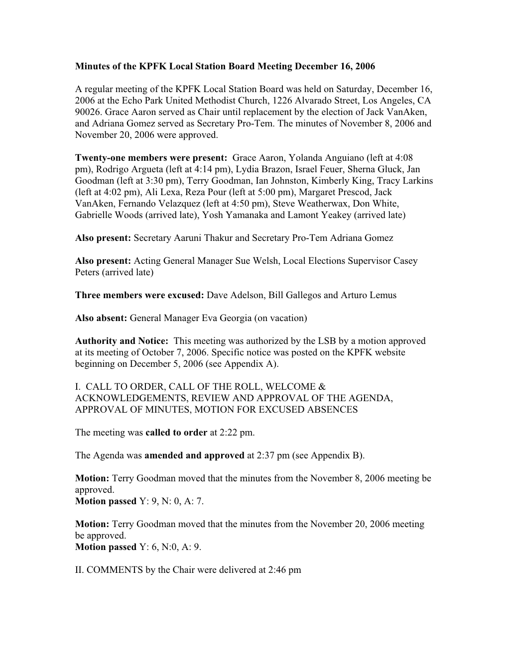 Minutes of the KPFK Local Station Board Meeting December 16, 2006