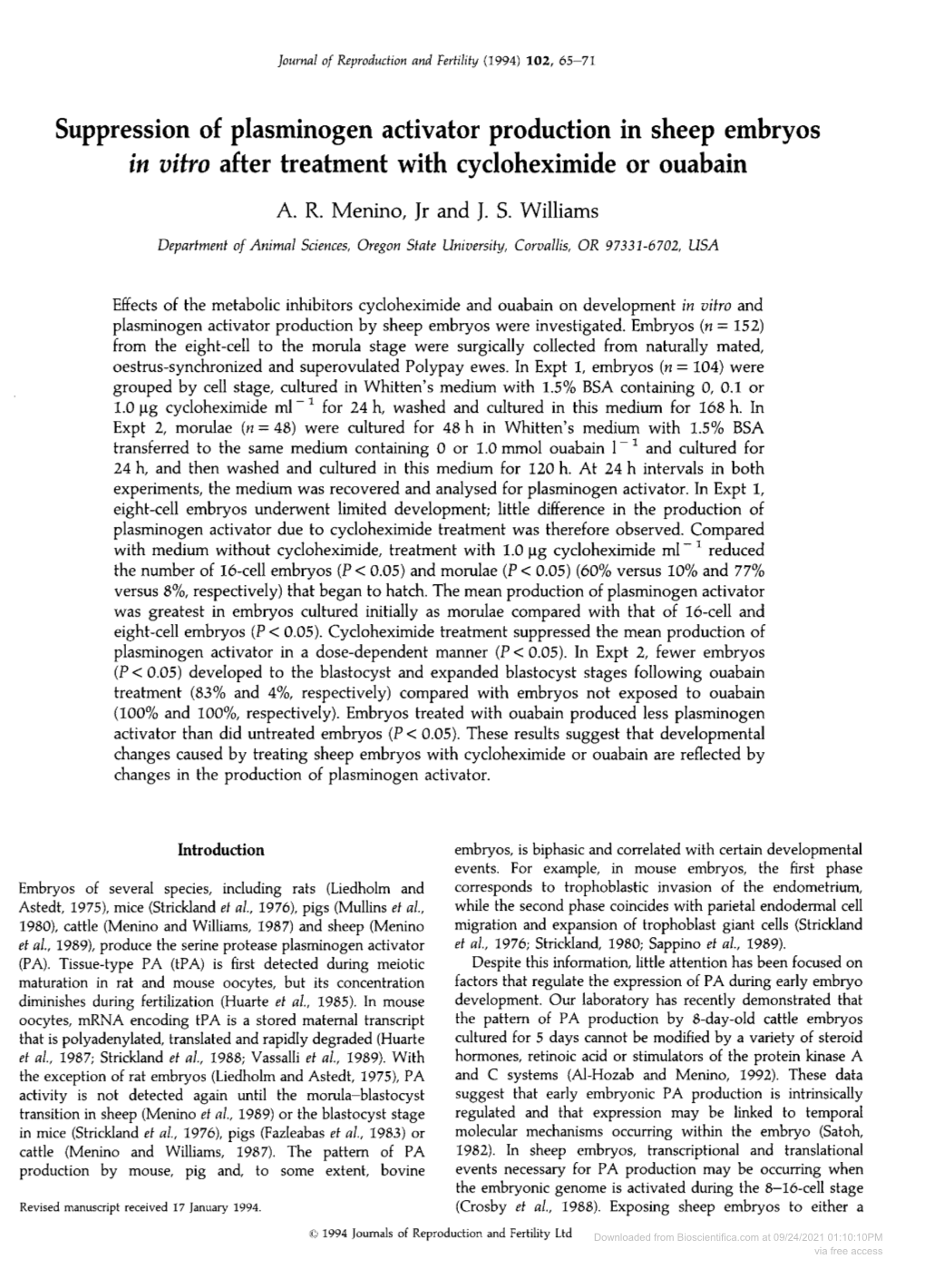 Suppression of Plasminogen Activator Production in Sheep Embryos in Vitro After Treatment with Cycloheximide Or Ouabain A