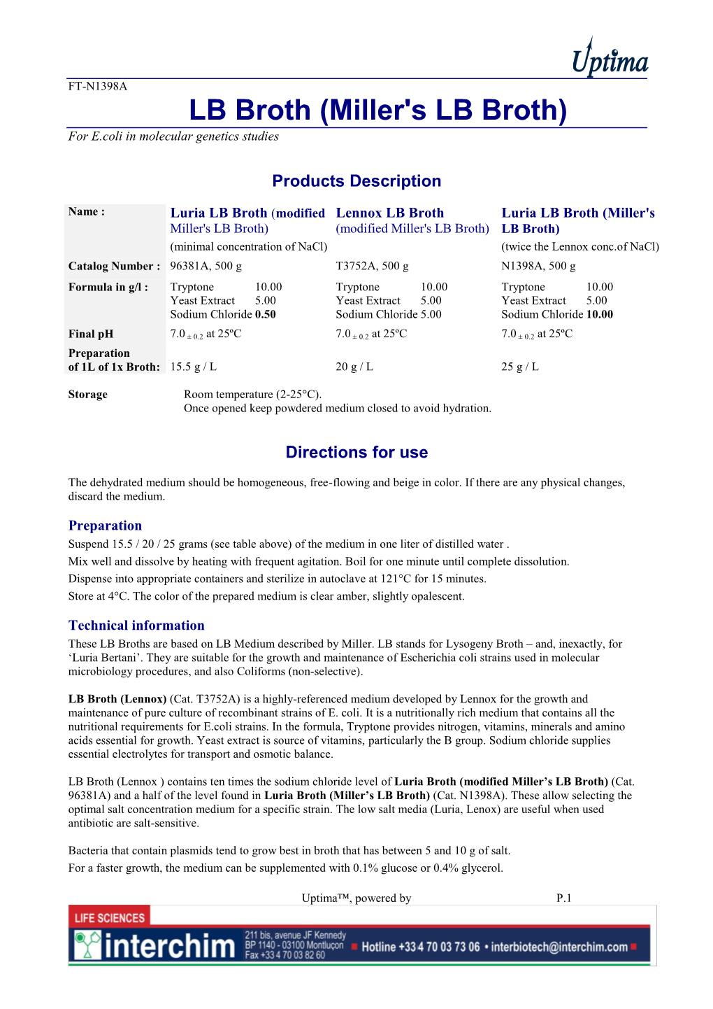 Miller's LB Broth) for E.Coli in Molecular Genetics Studies