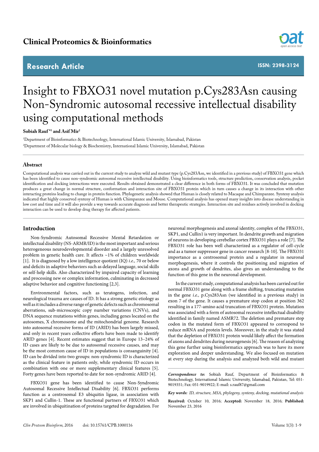 Insight to FBXO31 Novel Mutation P.Cys283asn Causing Non