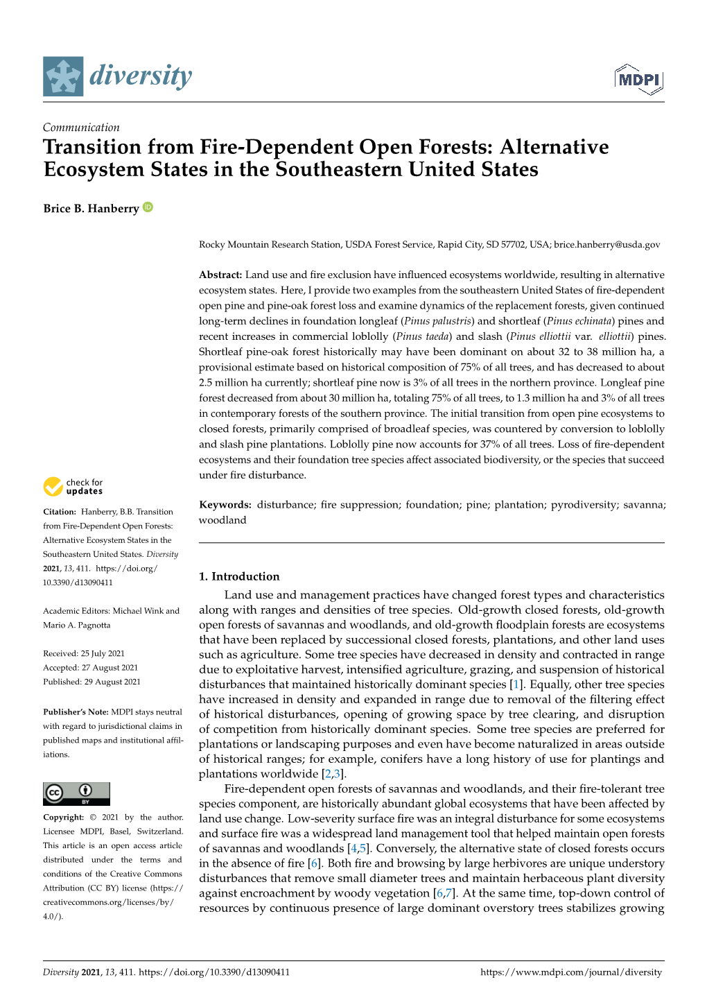 Transition from Fire-Dependent Open Forests: Alternative Ecosystem States in the Southeastern United States
