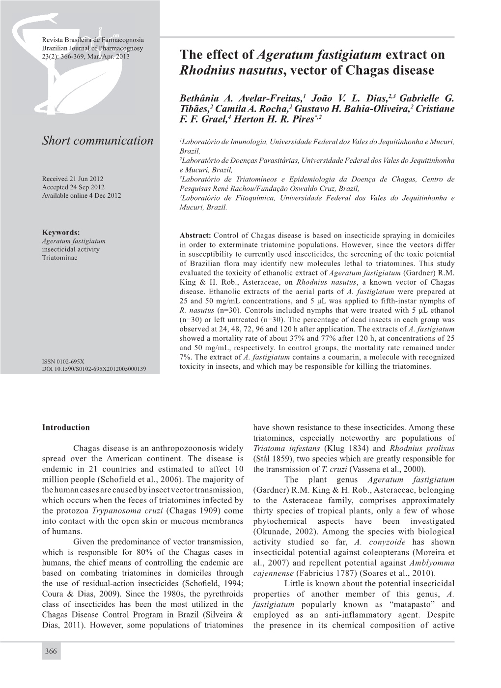 The Effect of Ageratum Fastigiatum Extract on Rhodnius Nasutus, Vector of Chagas Disease