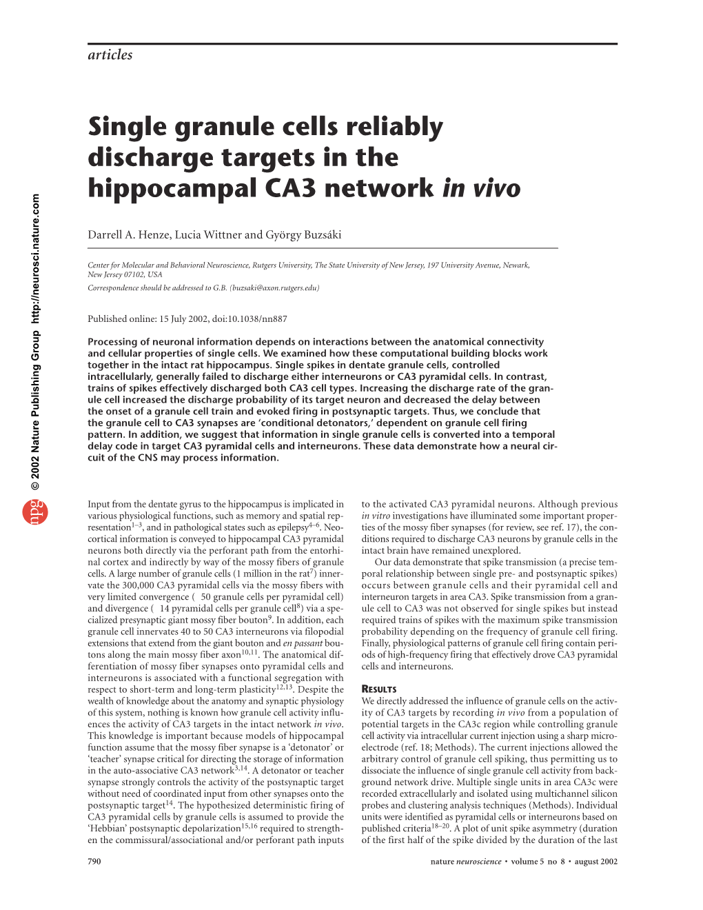 Single Granule Cells Reliably Discharge Targets in the Hippocampal CA3 Network in Vivo