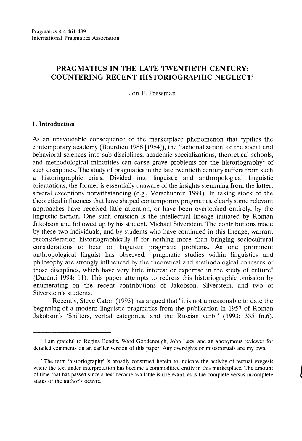 Pragmatics in the Late Twentieth Century: Countering R-Ecent Historiographic Neglect1