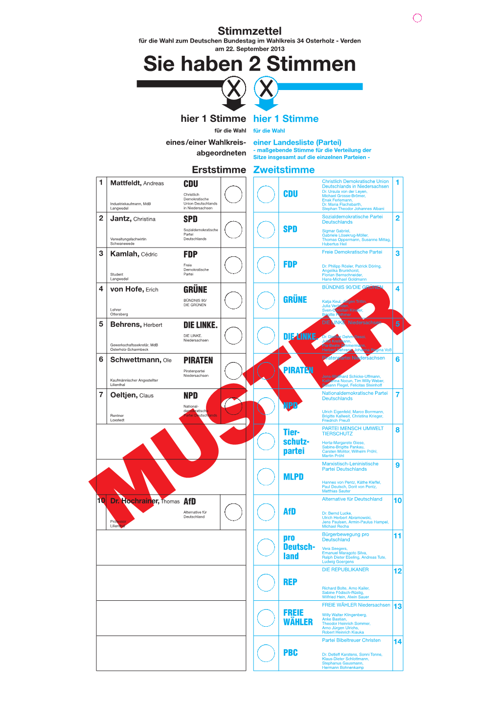 Muster-Stimmzettel Bundestagswahl 2013 Wahlkreis 34