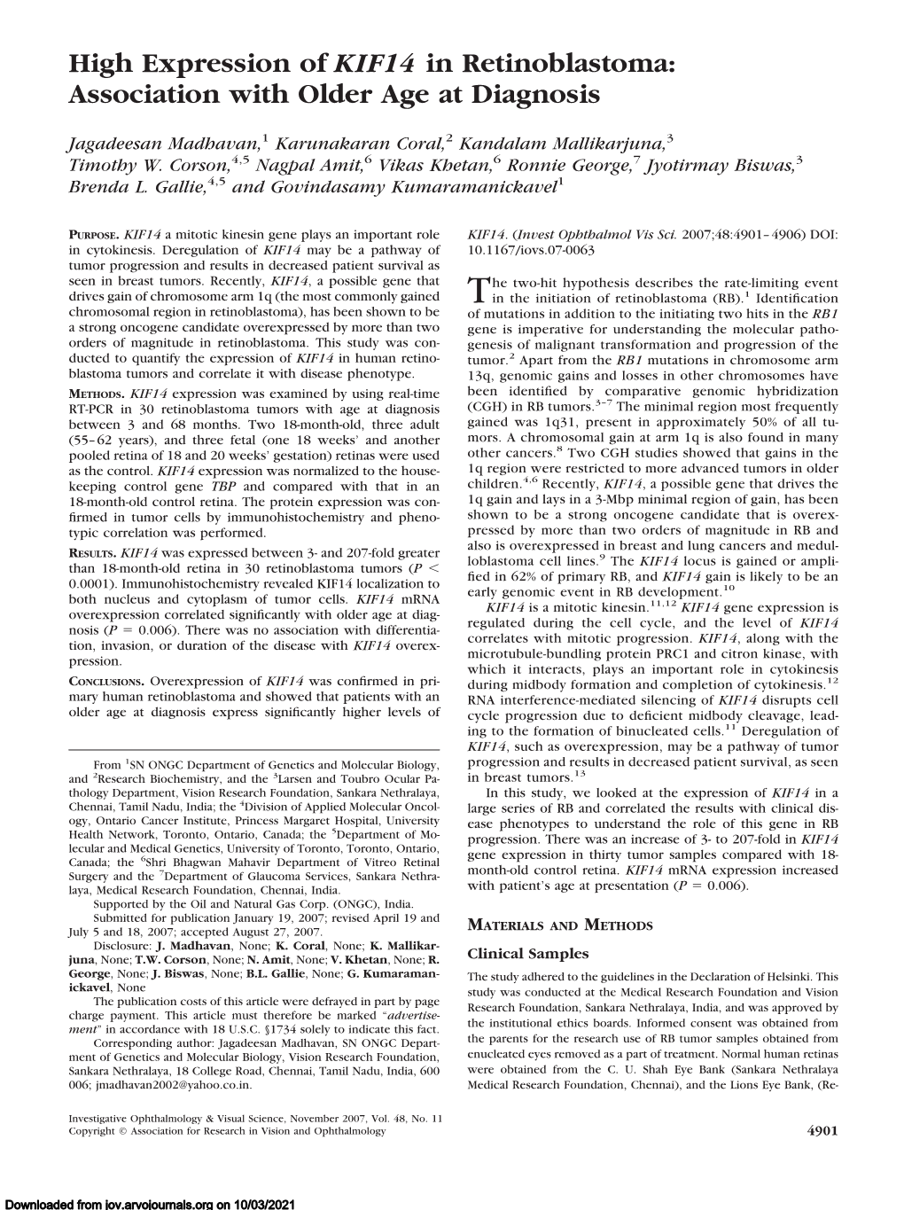 High Expression of KIF14 in Retinoblastoma: Association with Older Age at Diagnosis