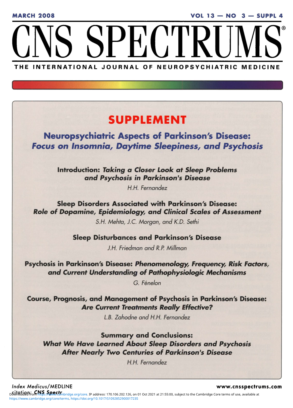 SUPPLEMENT Neuropsychiatric Aspects of Parkinson's Disease: Focus on Insomnia, Daytime Sleepiness, and Psychosis