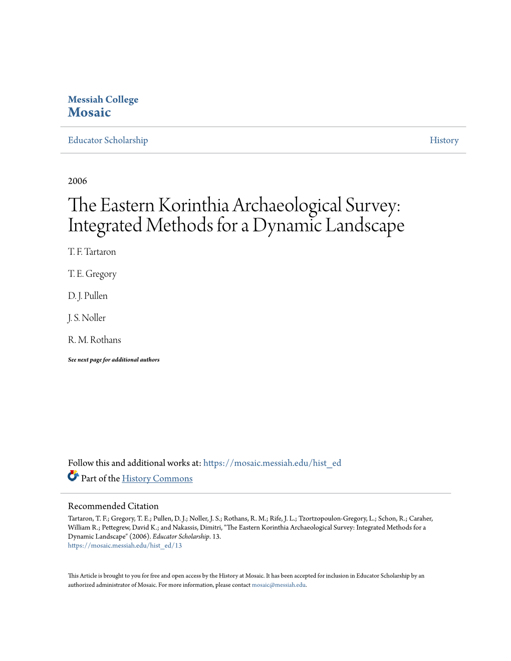 The Eastern Korinthia Archaeological Survey: Integrated Methods for a Dynamic Landscape