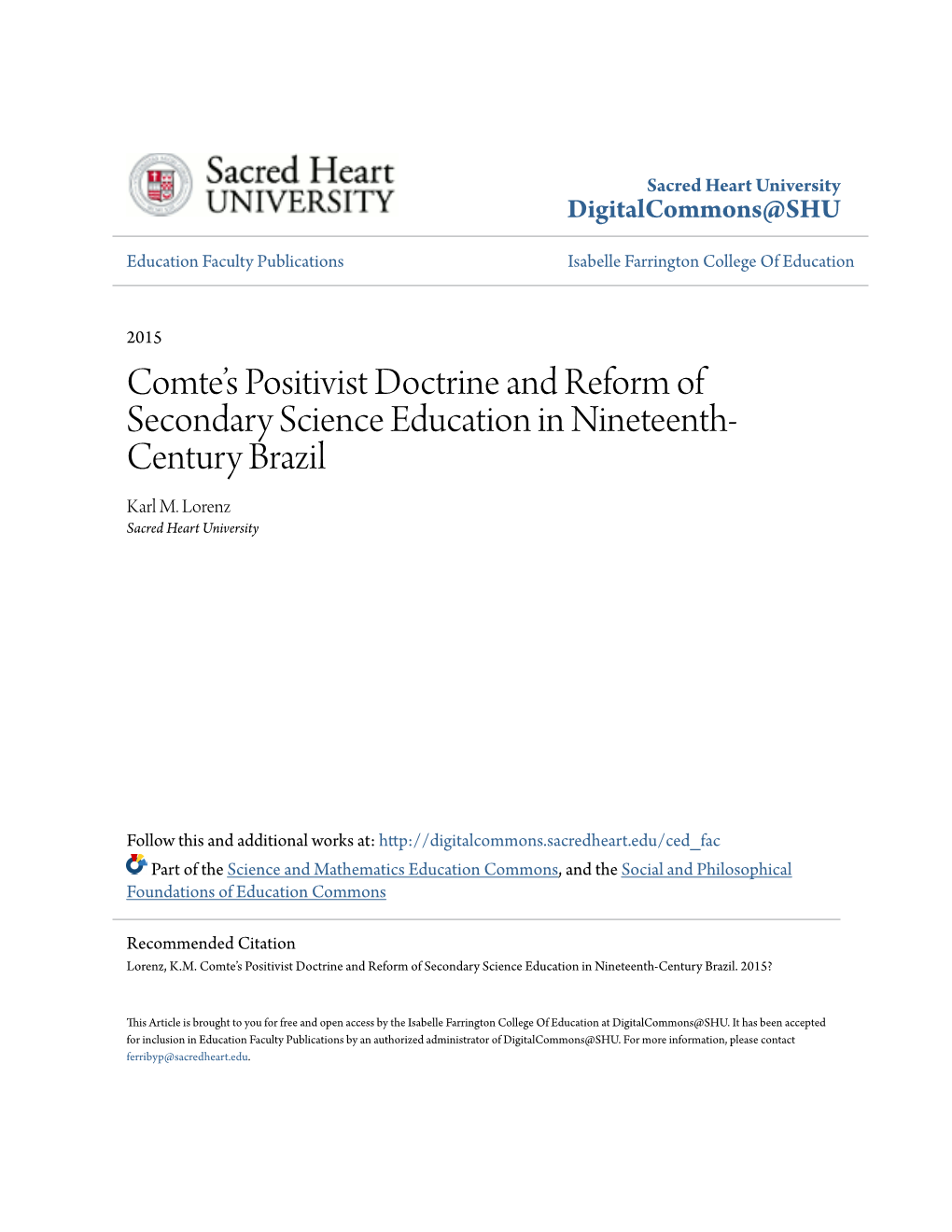 Comte's Positivist Doctrine and Reform of Secondary Science