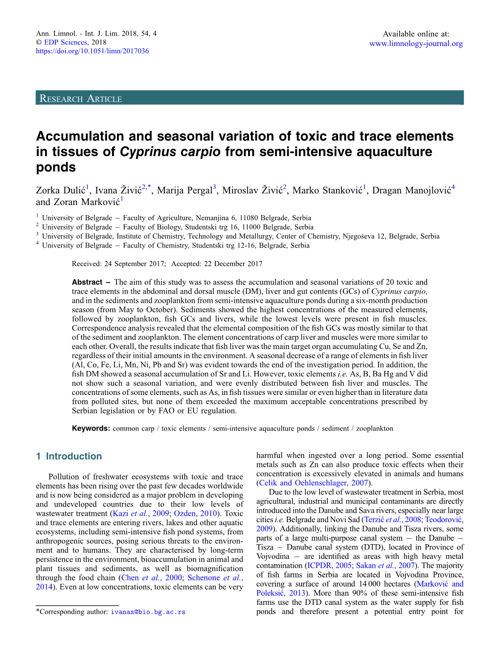 Accumulation and Seasonal Variation of Toxic and Trace Elements in Tissues of Cyprinus Carpio from Semi-Intensive Aquaculture Ponds