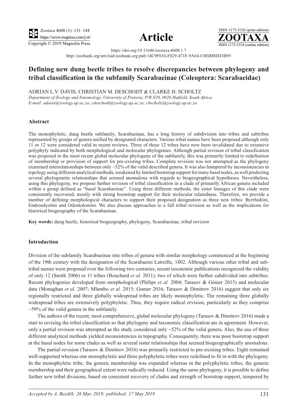 Defining New Dung Beetle Tribes to Resolve Discrepancies Between Phylogeny and Tribal Classification in the Subfamily Scarabaeinae (Coleoptera: Scarabaeidae)