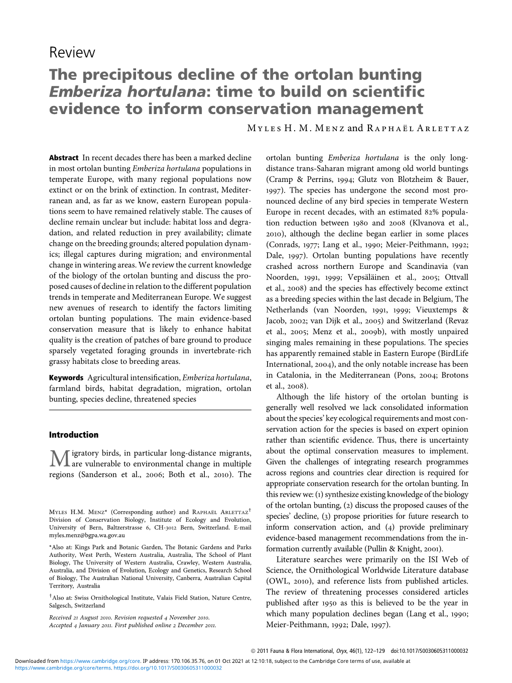 Review the Precipitous Decline of the Ortolan Bunting Emberiza Hortulana: Time to Build on Scientific Evidence to Inform Conserv