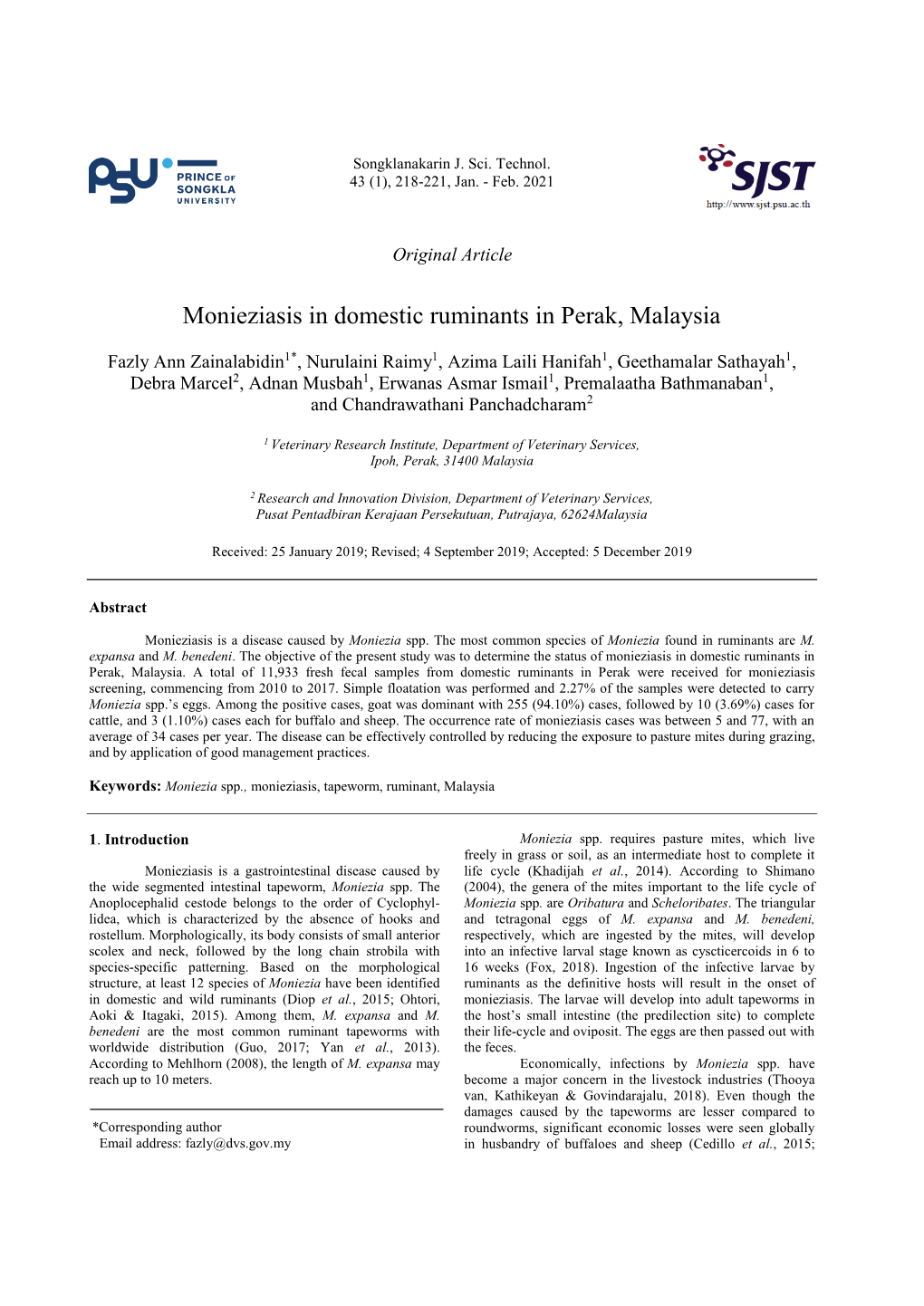 Monieziasis in Domestic Ruminants in Perak, Malaysia