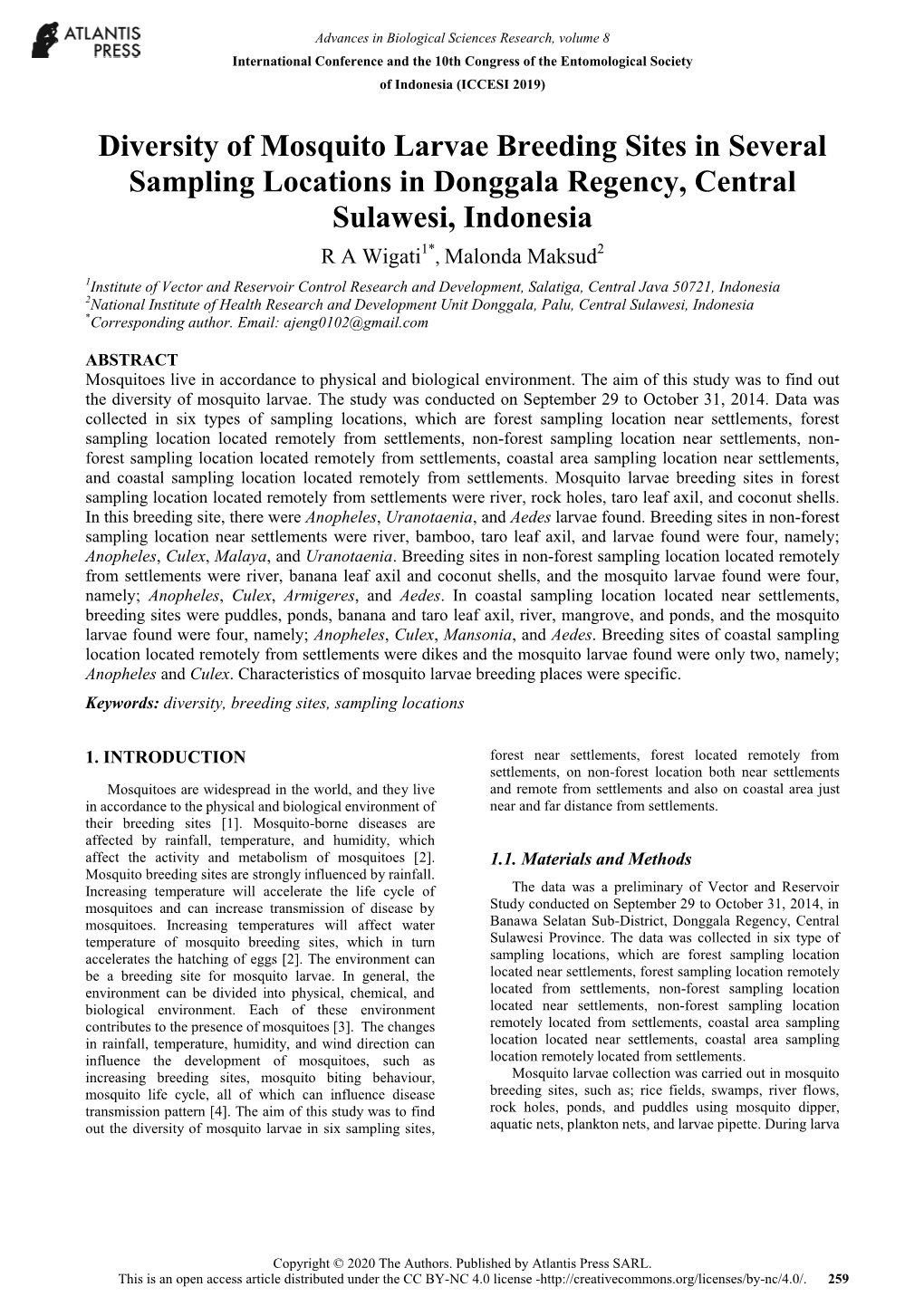 Diversity of Mosquito Larvae Breeding Sites in Several Sampling