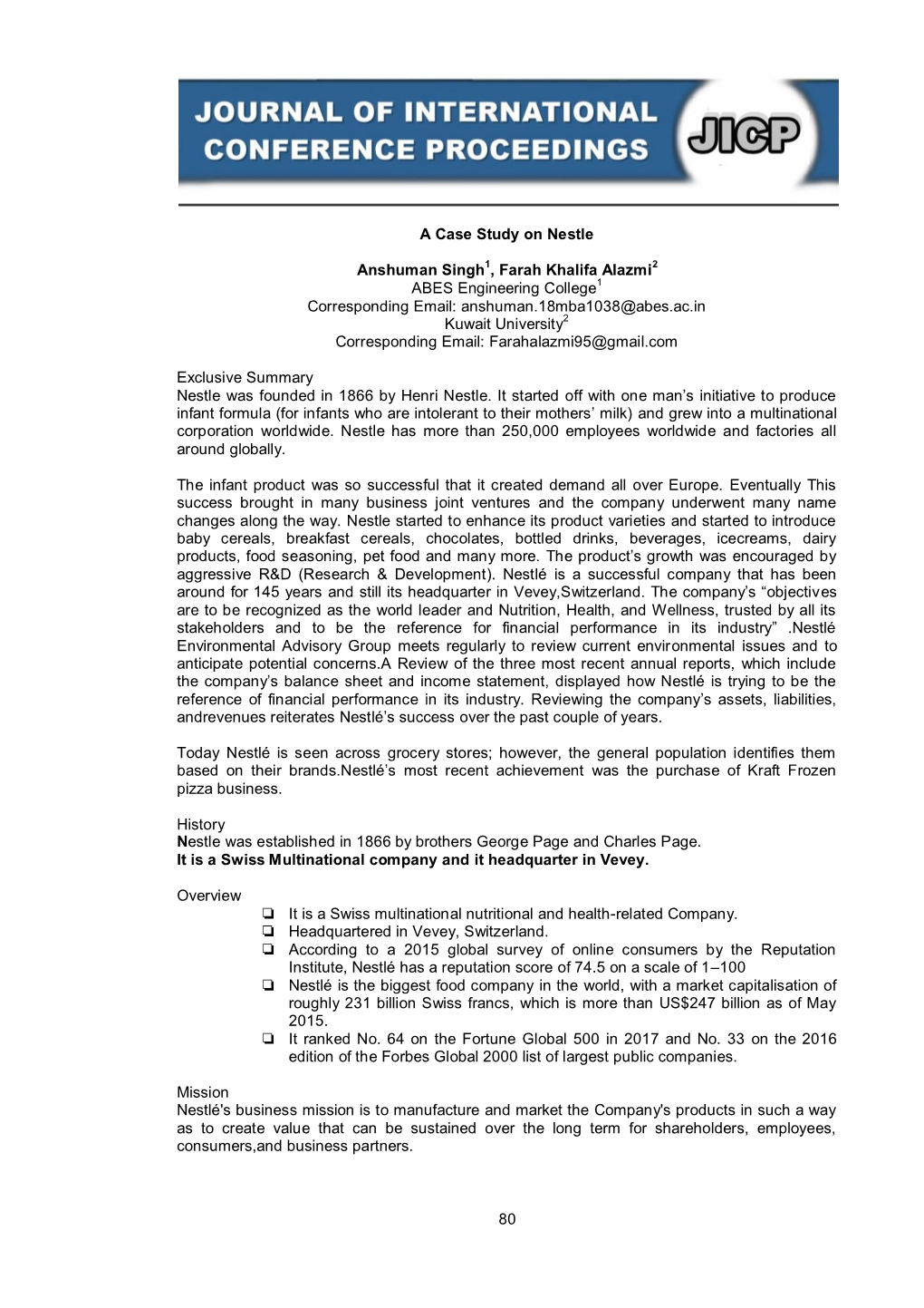 80 a Case Study on Nestle Anshuman Singh1, Farah Khalifa Alazmi2