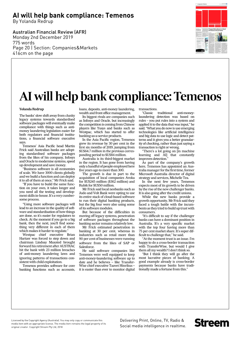AI Will Help Bank Compliance: Temenos by Yolanda Redrup