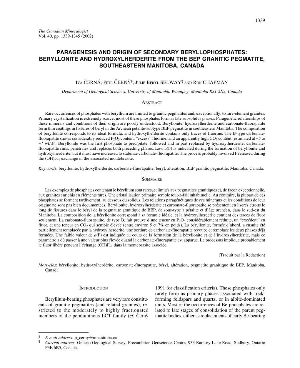 Paragenesis and Origin of Secondary Beryllophosphates: Beryllonite and Hydroxylherderite from the Bep Granitic Pegmatite, Southeastern Manitoba, Canada