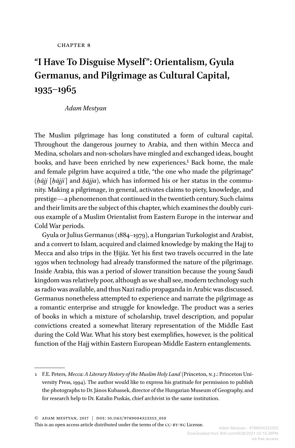 Orientalism, Gyula Germanus, and Pilgrimage As Cultural Capital, 1935–1965