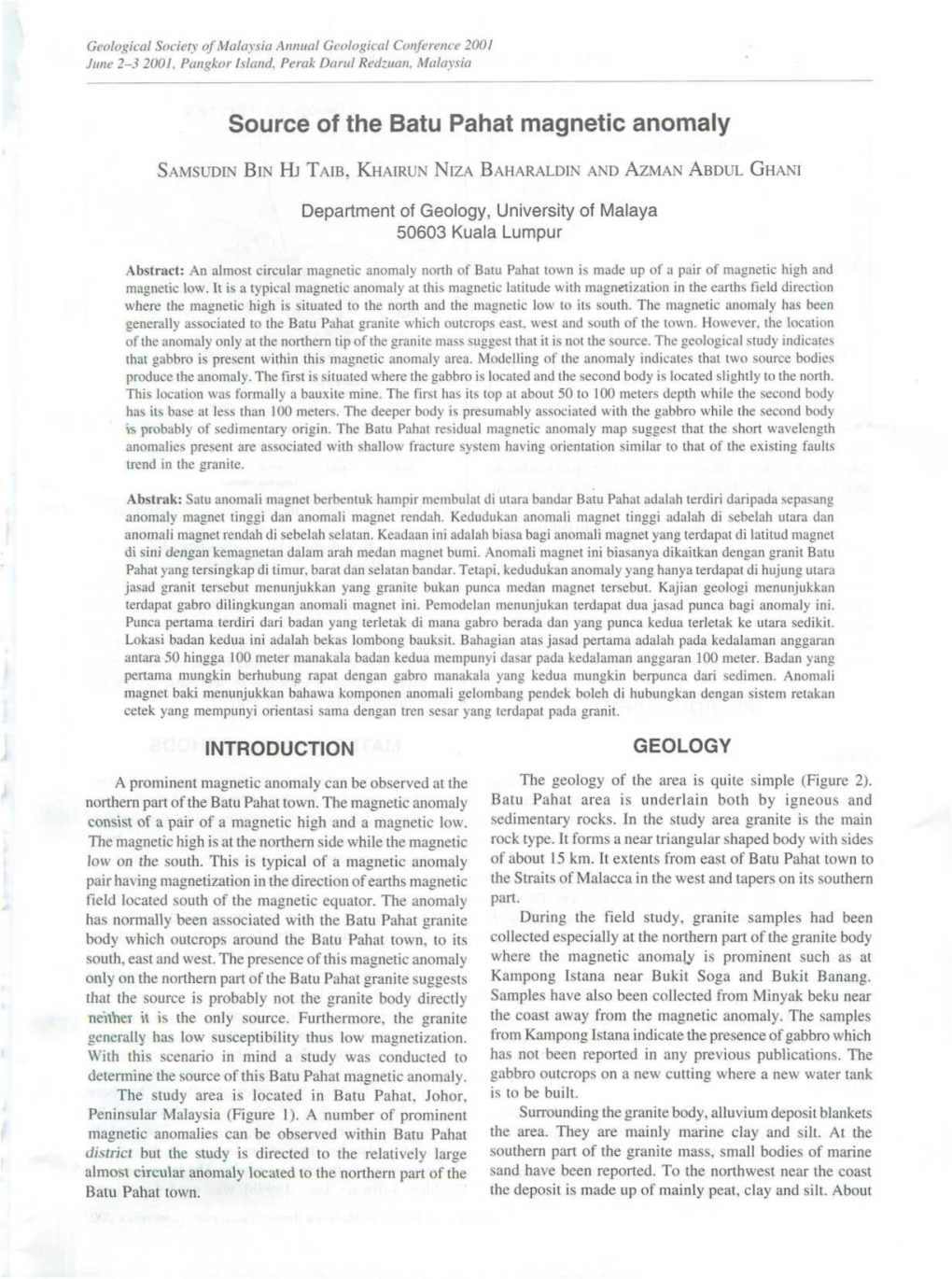 Source of the Batu Pahat Magnetic Anomaly