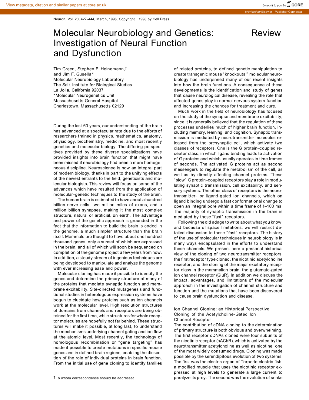 Molecular Neurobiology and Genetics: Review Investigation of Neural Function and Dysfunction