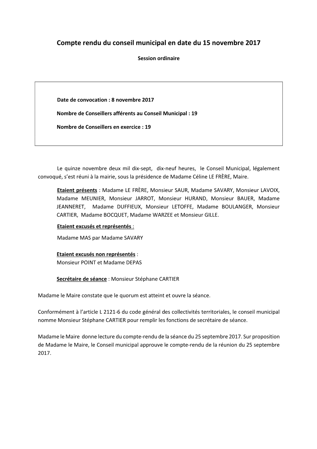 Compte Rendu Du Conseil Municipal En Date Du 15 Novembre 2017