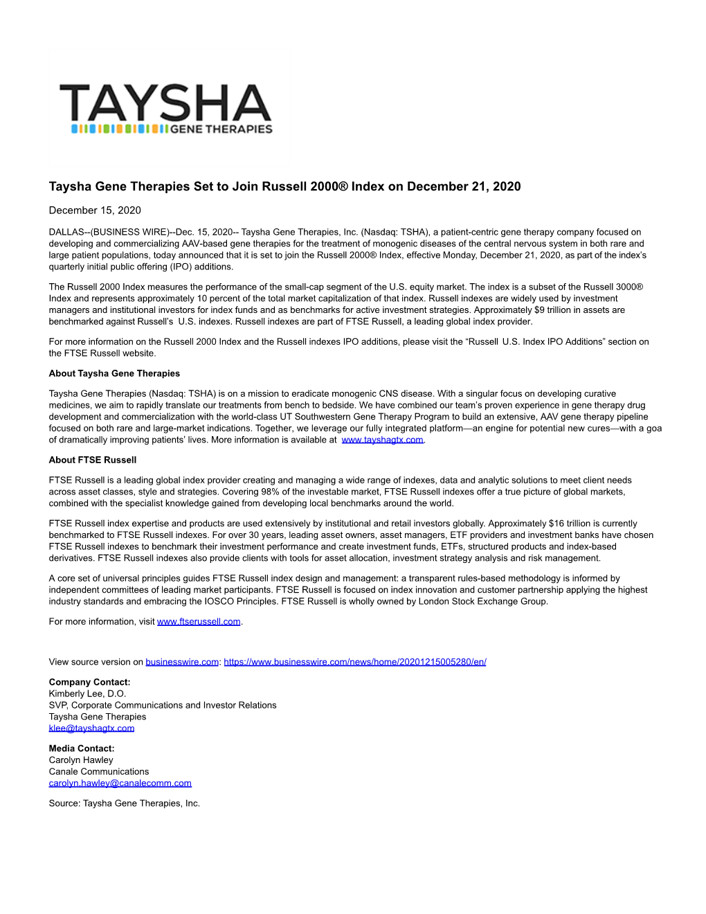 Taysha Gene Therapies Set to Join Russell 2000® Index on December 21, 2020
