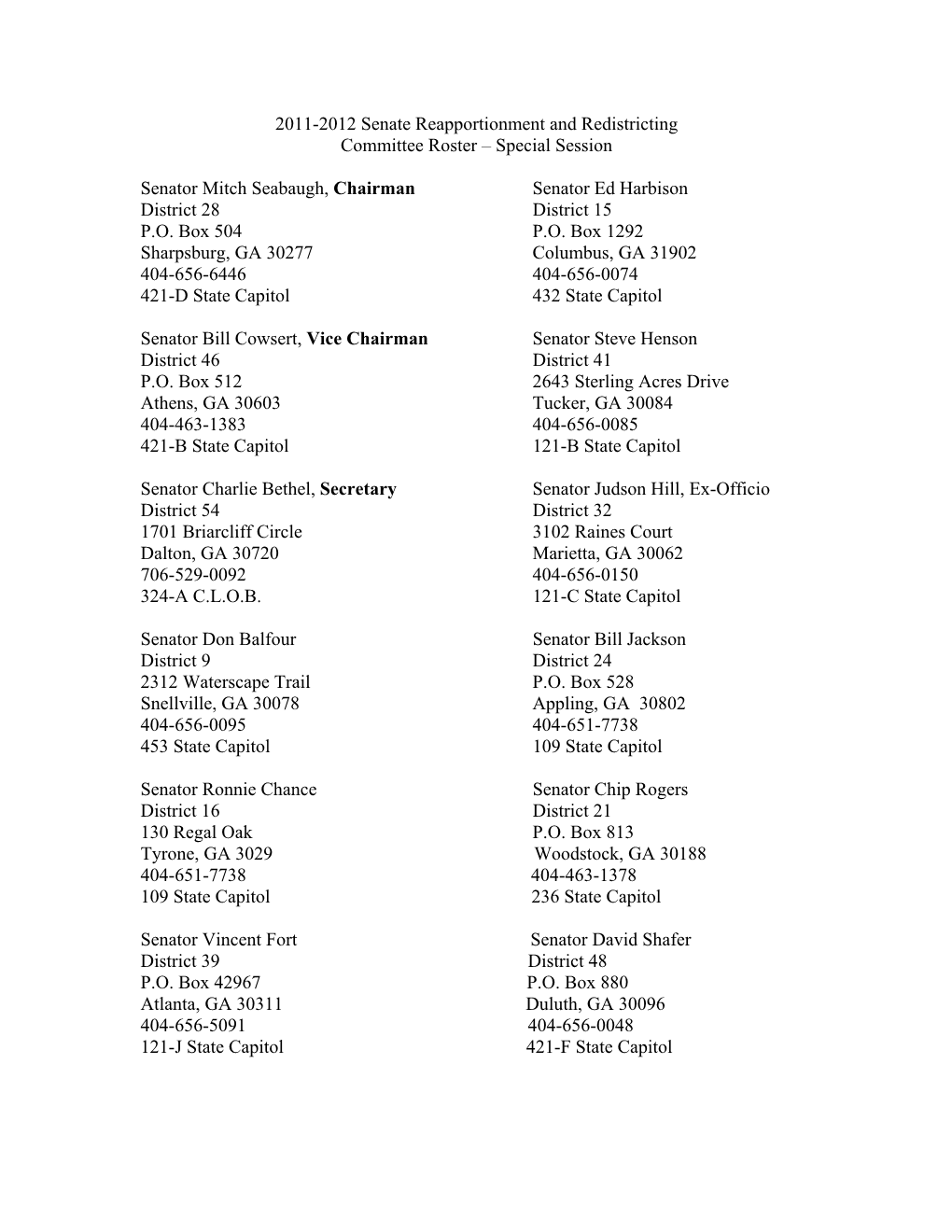 2011-2012 Senate Reapportionment and Redistricting Committee Roster – Special Session