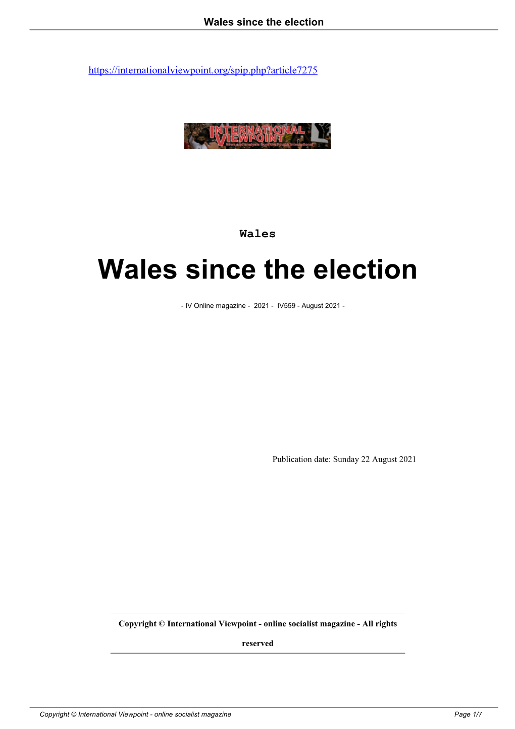 Wales Since the Election