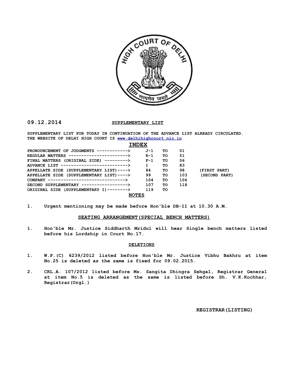 Registrar(Listing) 09.12.2014 J-1 Pronouncement of Judgements (Applt