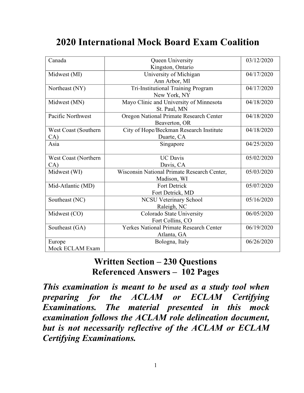 2020 International Mock Board Exam Coalition