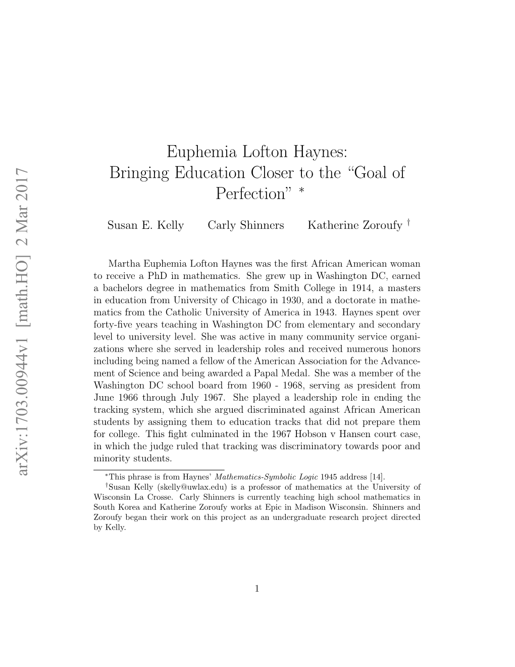 Euphemia Lofton Haynes: Bringing Education Closer to the “Goal of Perfection” ∗