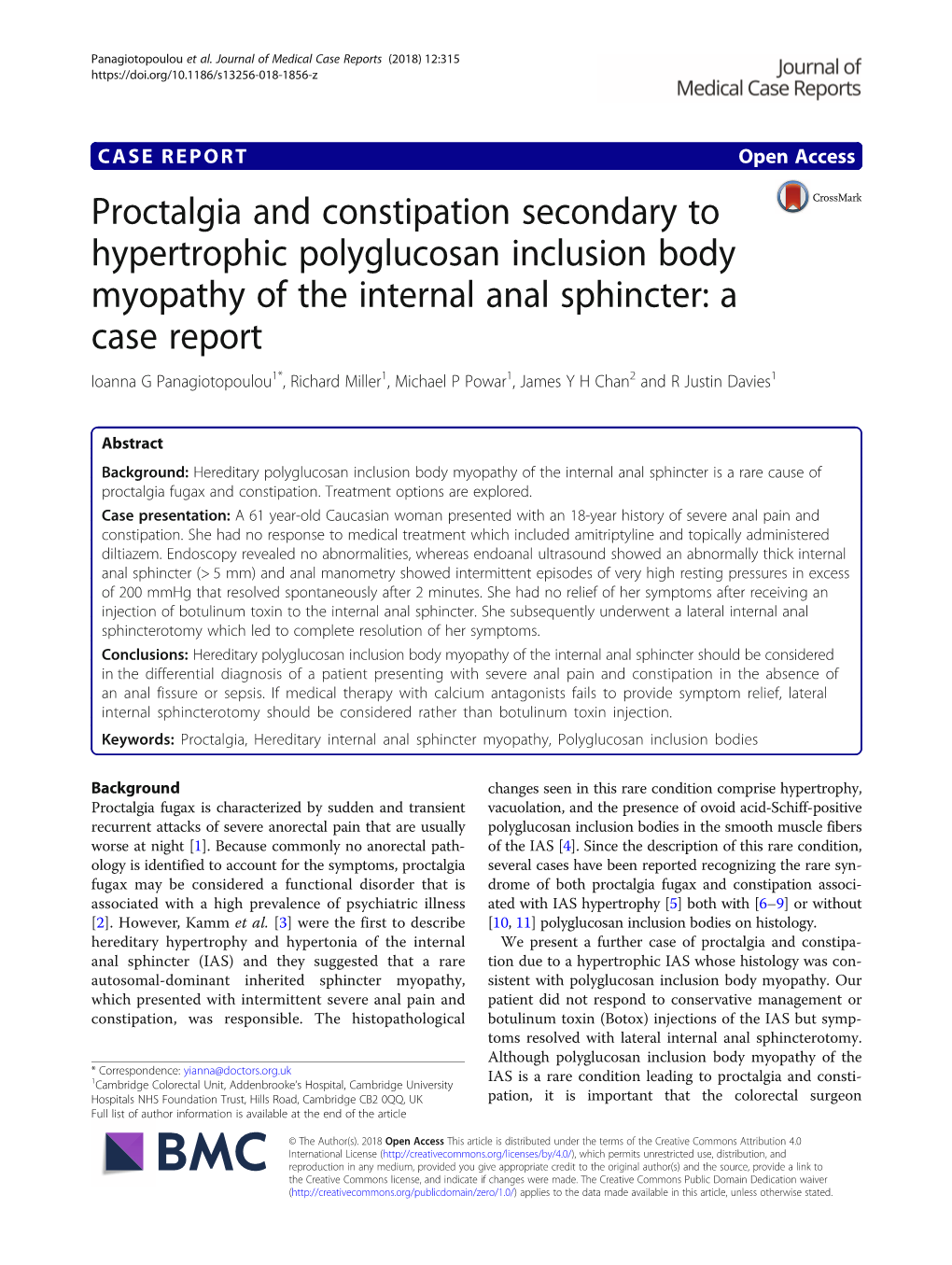 Proctalgia and Constipation Secondary to Hypertrophic Polyglucosan Inclusion Body Myopathy of the Internal Anal Sphincter