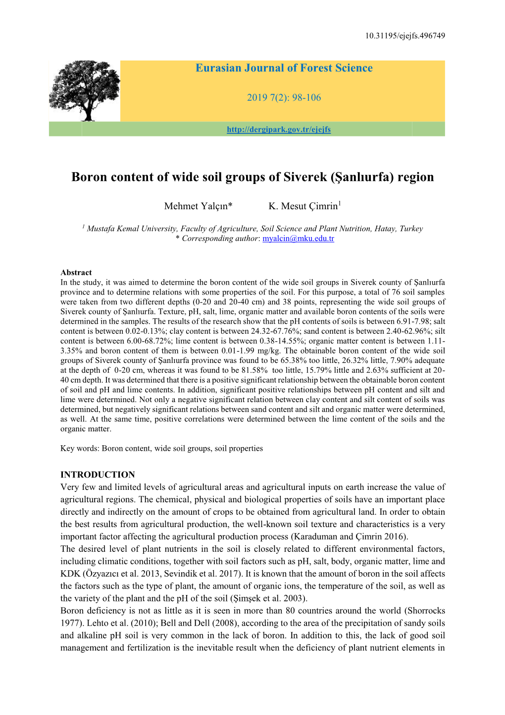 Boron Content of Wide Soil Groups of Siverek (Şanlıurfa) Region