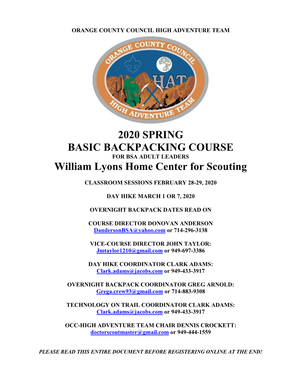 2020 SPRING BASIC BACKPACKING COURSE William Lyons Home