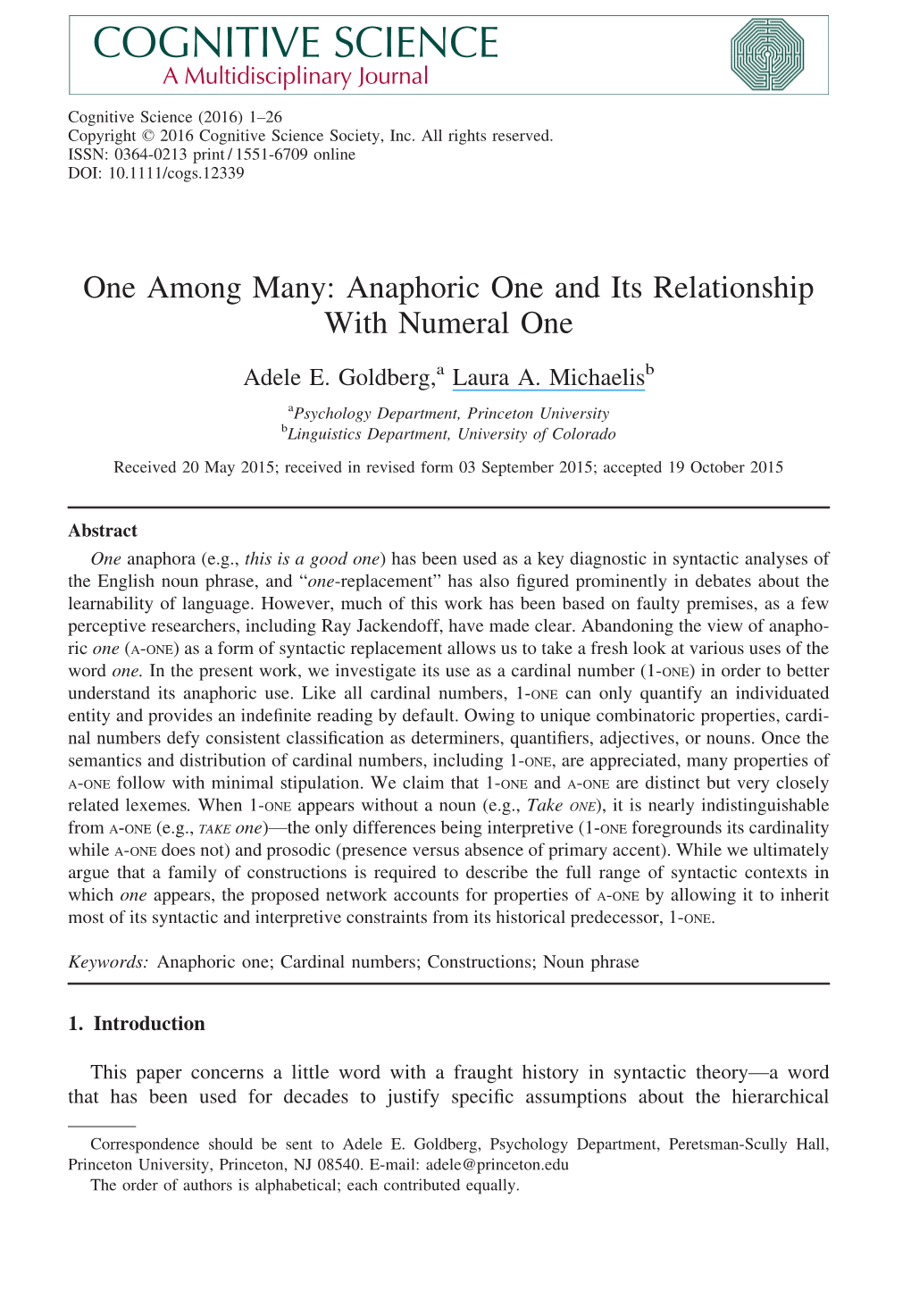 Anaphoric One and Its Relationship with Numeral One