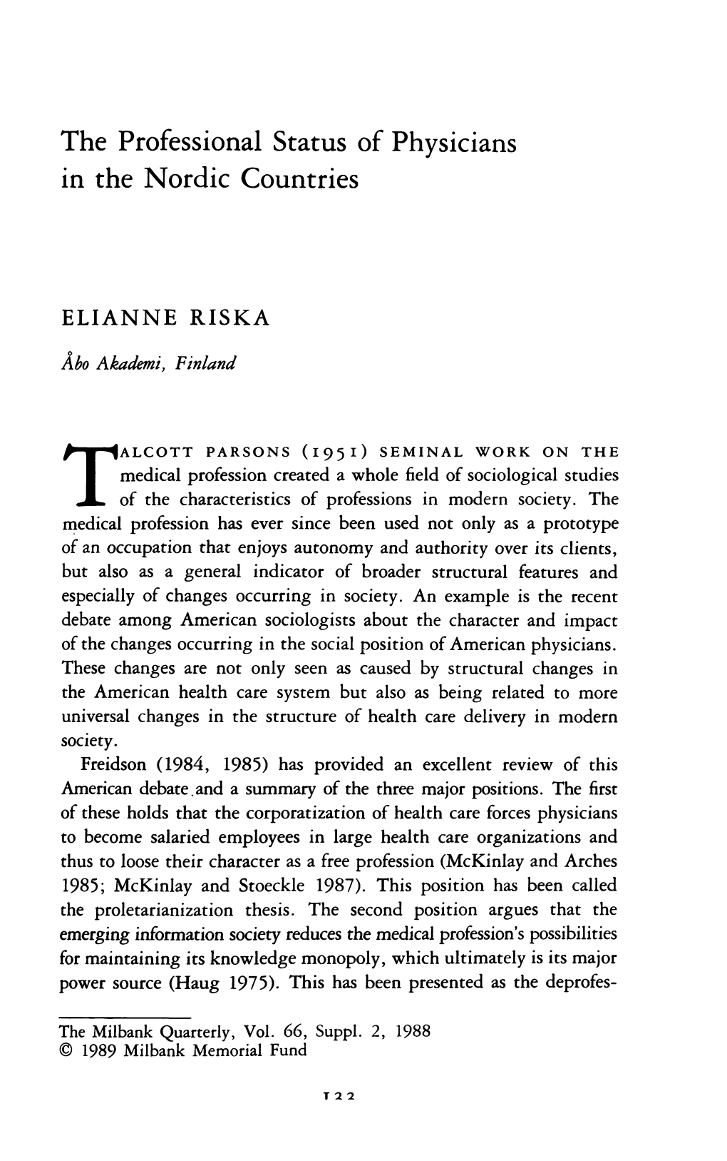 The Professional Status of Physicians in the Nordic Countries