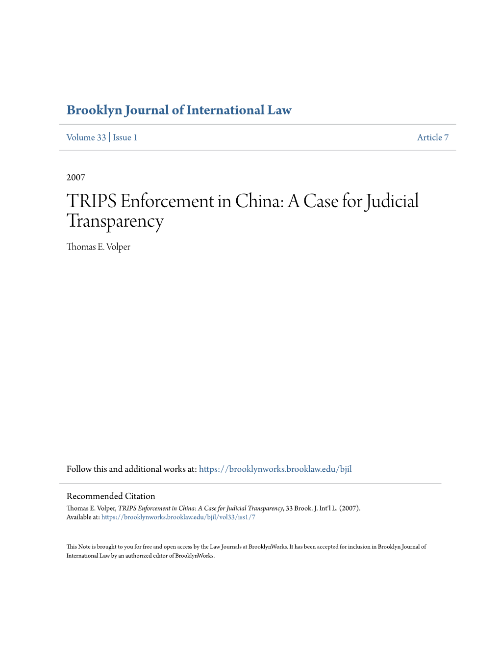 TRIPS Enforcement in China: a Case for Judicial Transparency Thomas E