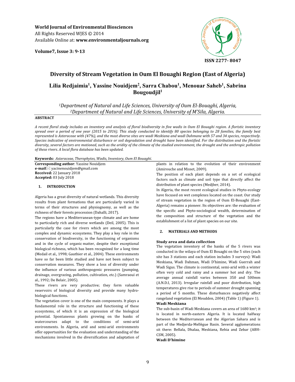 Diversity of Stream Vegetation in Oum El Bouaghi Region (East of Algeria)