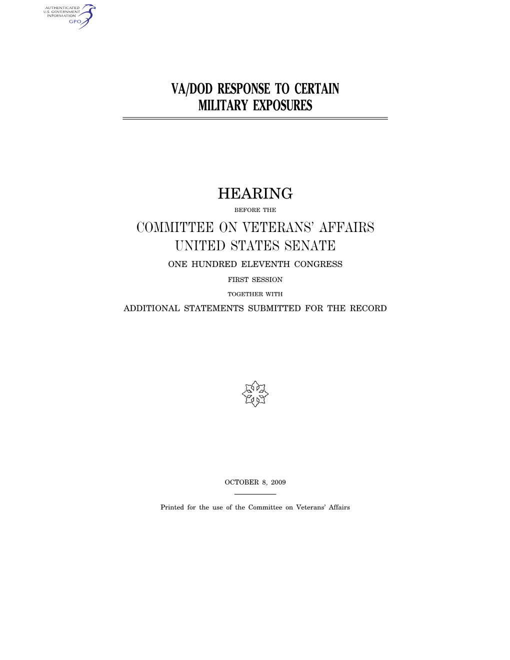 Va/Dod Response to Certain Military Exposures Hearing