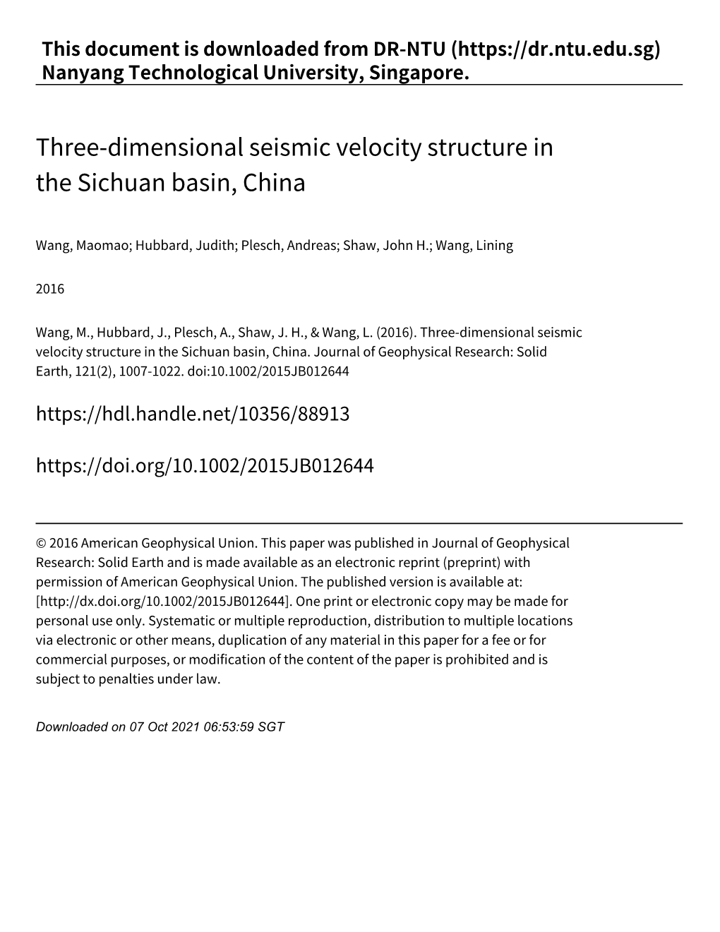 Three‑Dimensional Seismic Velocity Structure in the Sichuan Basin, China