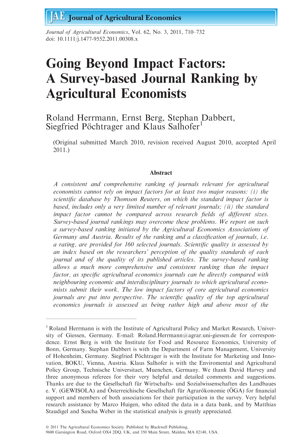 A Surveybased Journal Ranking by Agricultural Economists