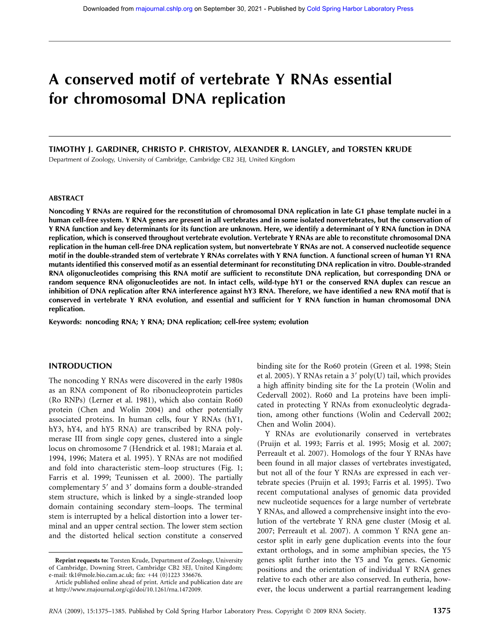 A Conserved Motif of Vertebrate Y Rnas Essential for Chromosomal DNA Replication