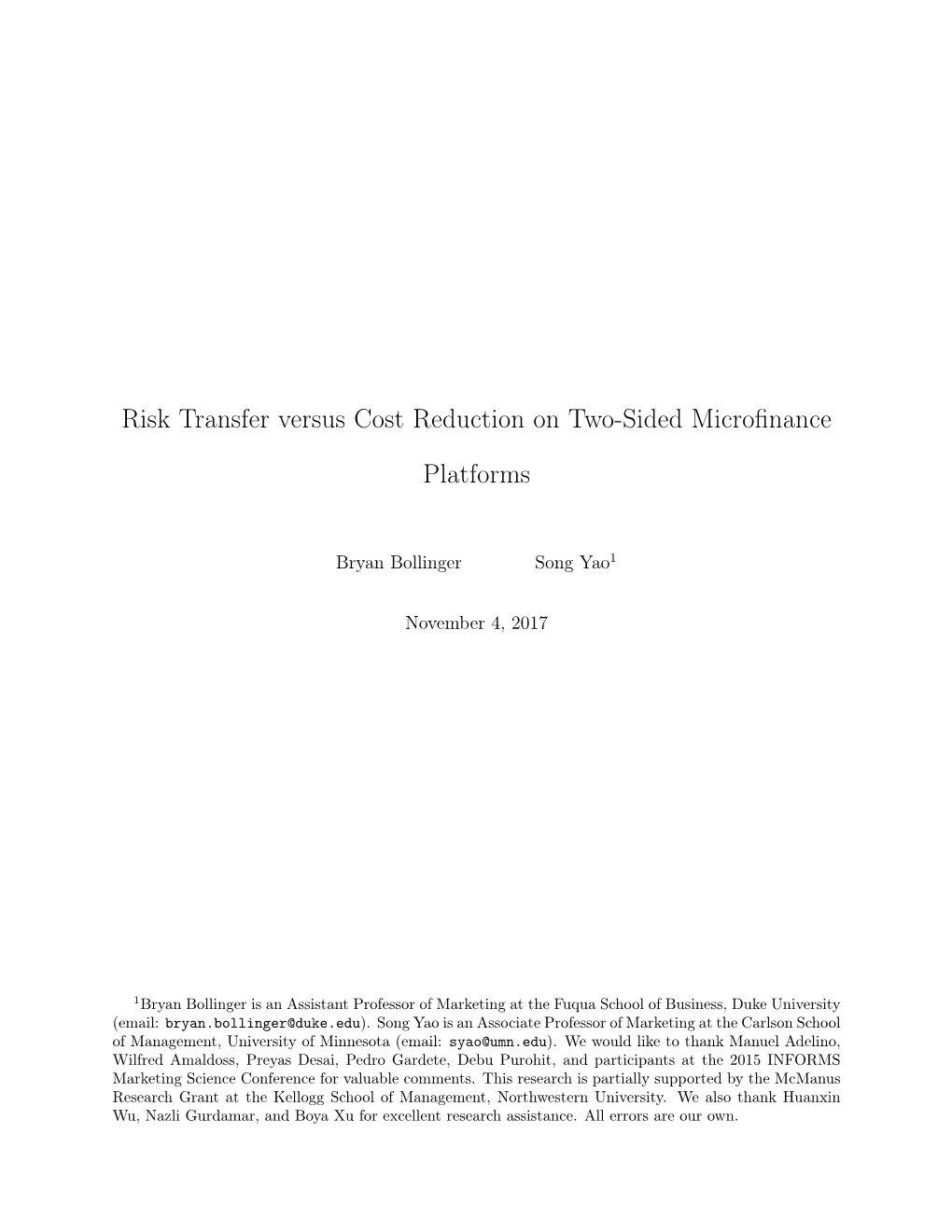 Risk Transfer Versus Cost Reduction on Two-Sided Microfinance Platforms