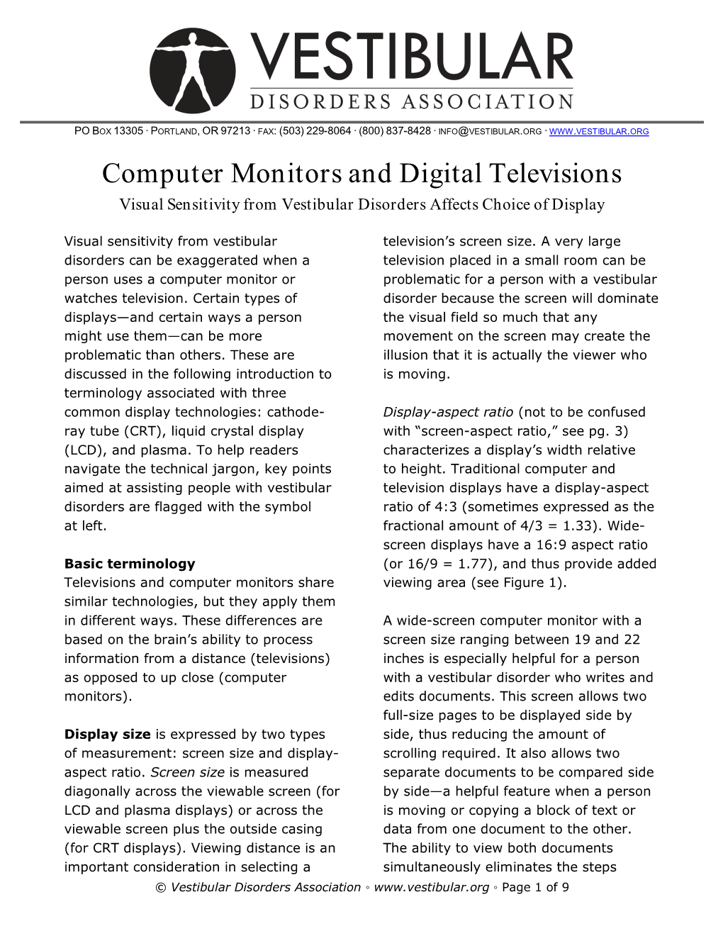 Computer Monitors and Digital Televisions Visual Sensitivity from Vestibular Disorders Affects Choice of Display