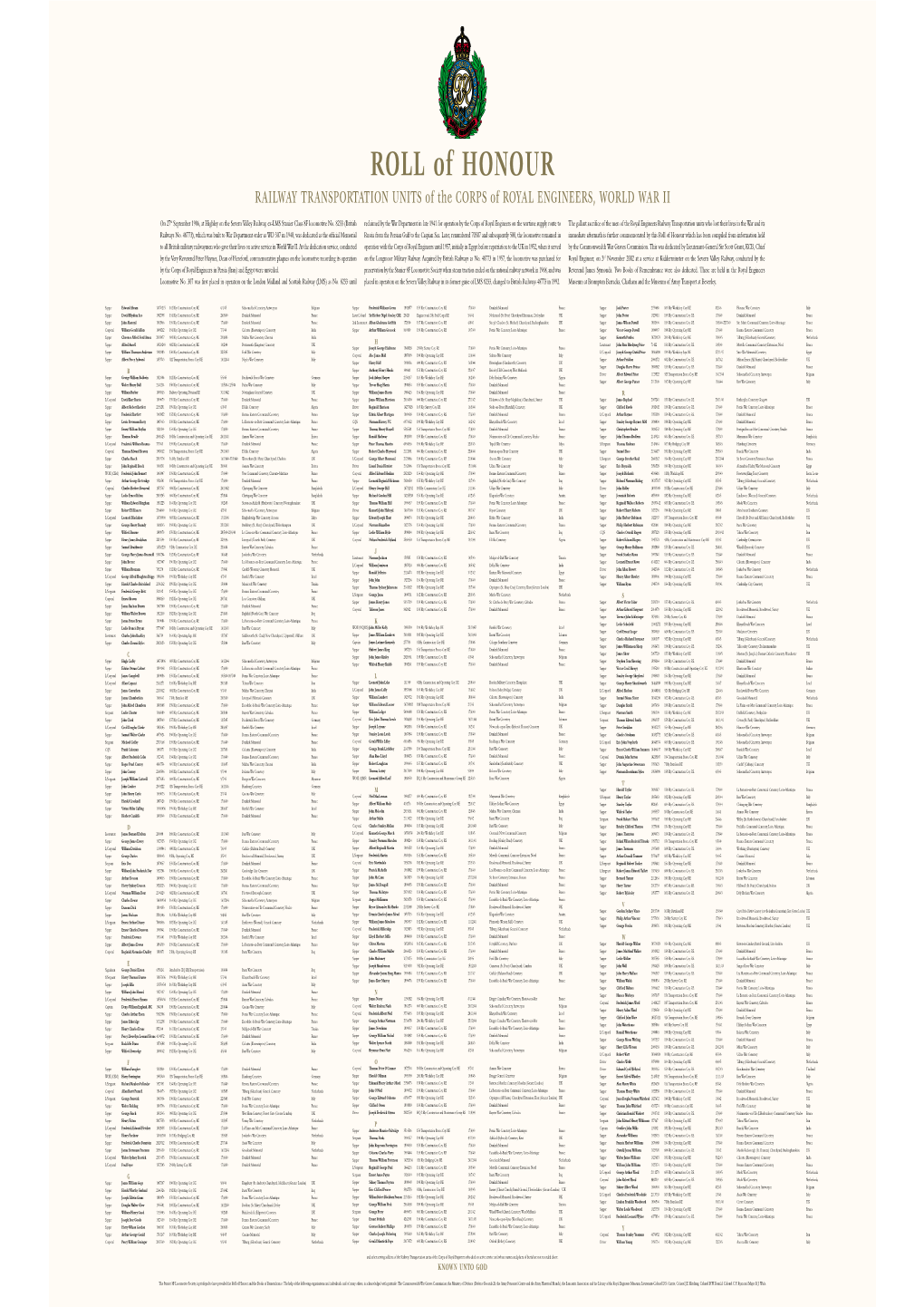 ROLL of HONOUR RAILWAY TRANSPORTATION UNITS of the CORPS of ROYAL ENGINEERS, WORLD WAR II