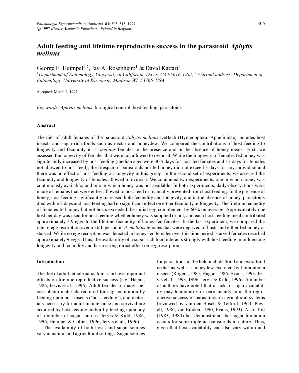 Adult Feeding and Lifetime Reproductive Success in the Parasitoid Aphytis Melinus