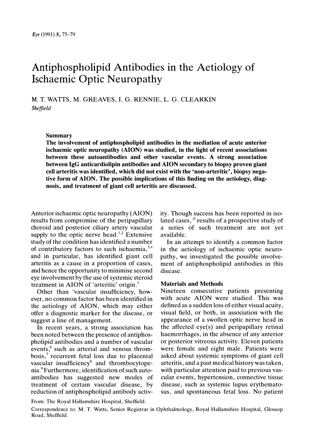 Antiphospholipid Antibodies in the Aetiology of Ischaemic Optic Neuropathy