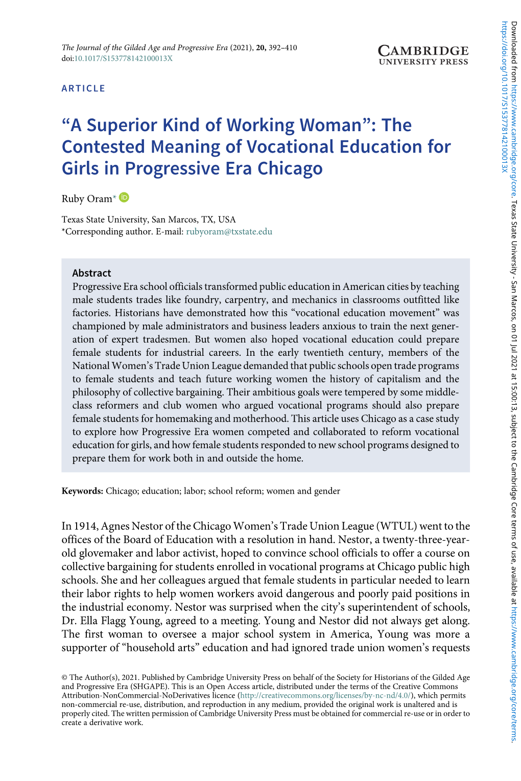 “A Superior Kind of Working Woman”: the Contested Meaning of Vocational Education for Girls in Progressive Era Chicago