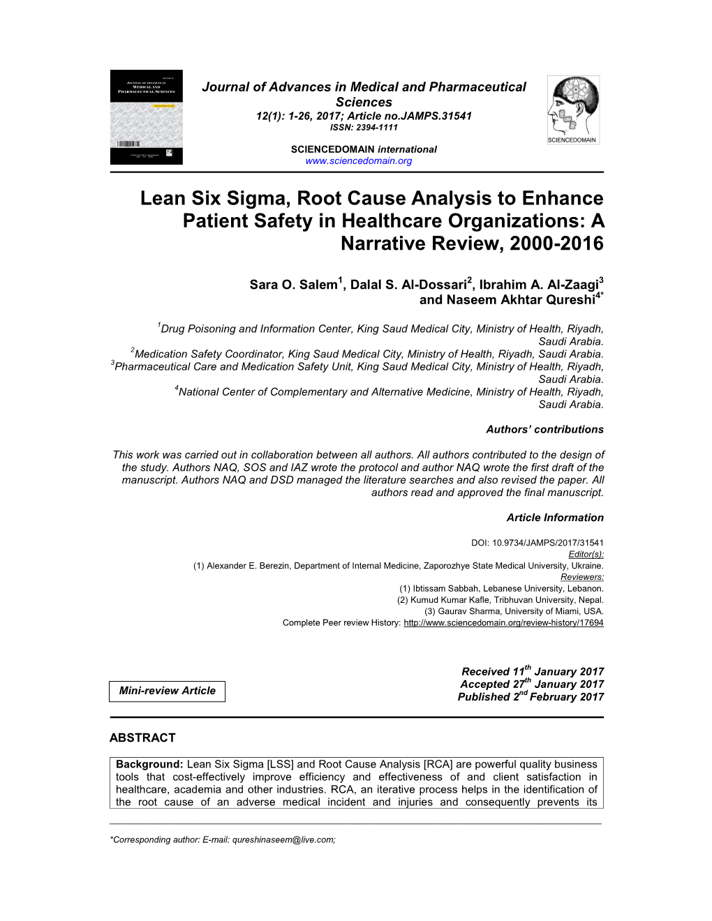 Lean Six Sigma, Root Cause Analysis to Enhance Patient Safety in Healthcare Organizations: a Narrative Review, 2000-2016