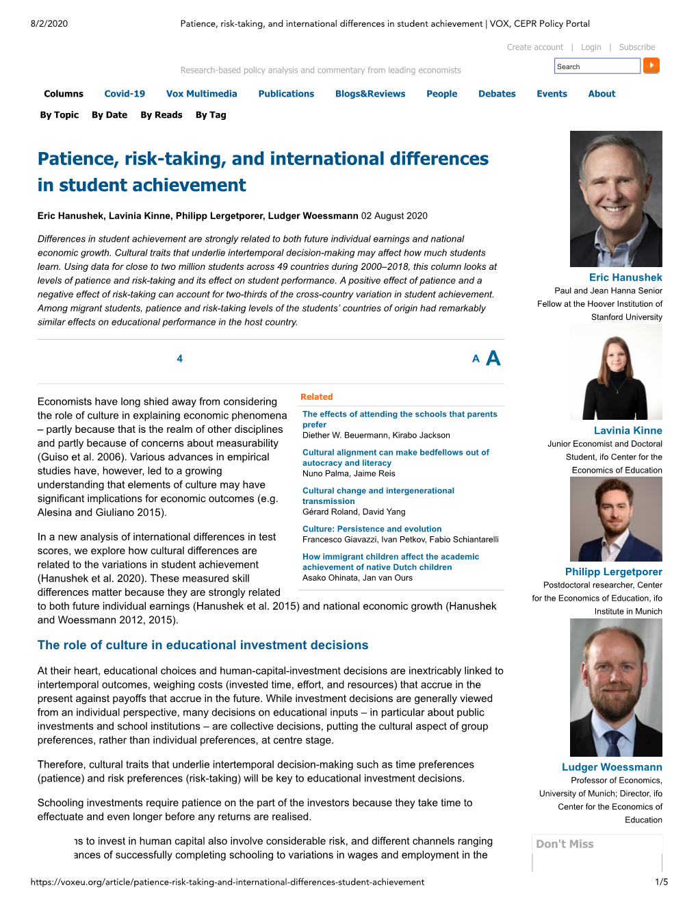 Patience, Risk-Taking, and International Differences in Student Achievement | VOX, CEPR Policy Portal